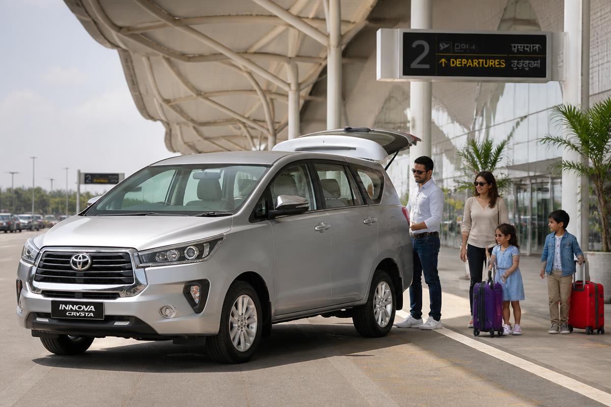 Indian family with suitcases beside a silver Innova Crysta at an airport terminal